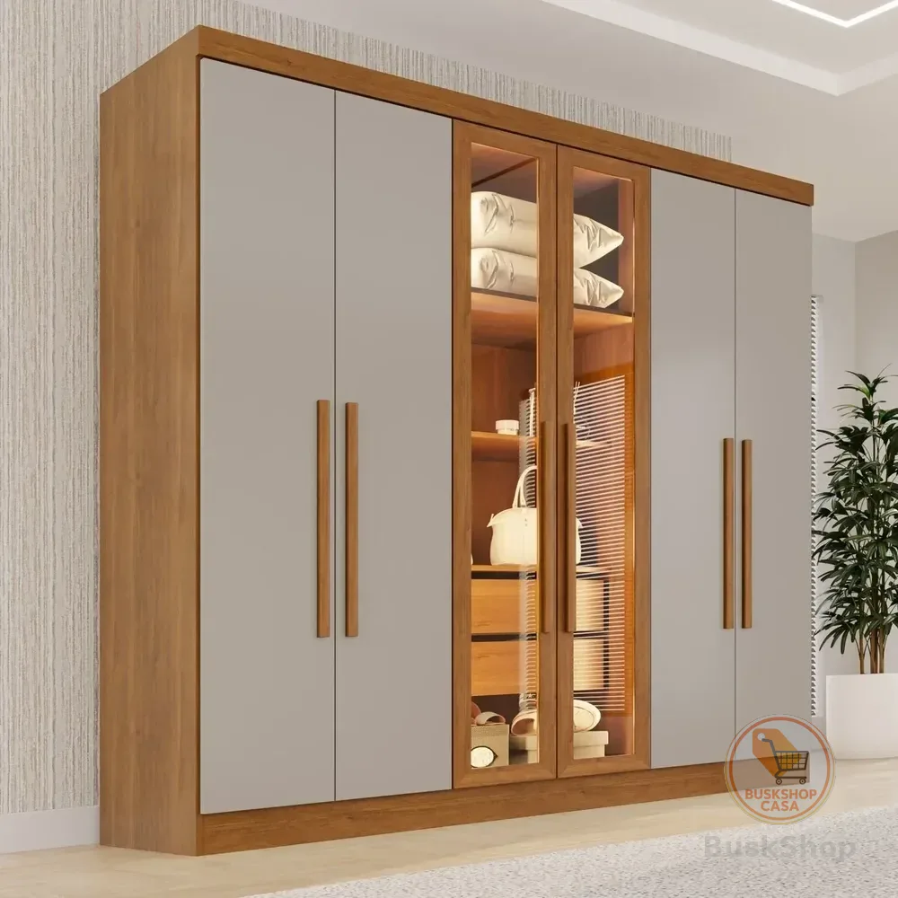 Guarda-roupa Casal Reflecta Com Led 06 Portas 02 Gavetas Cinamomo/off White