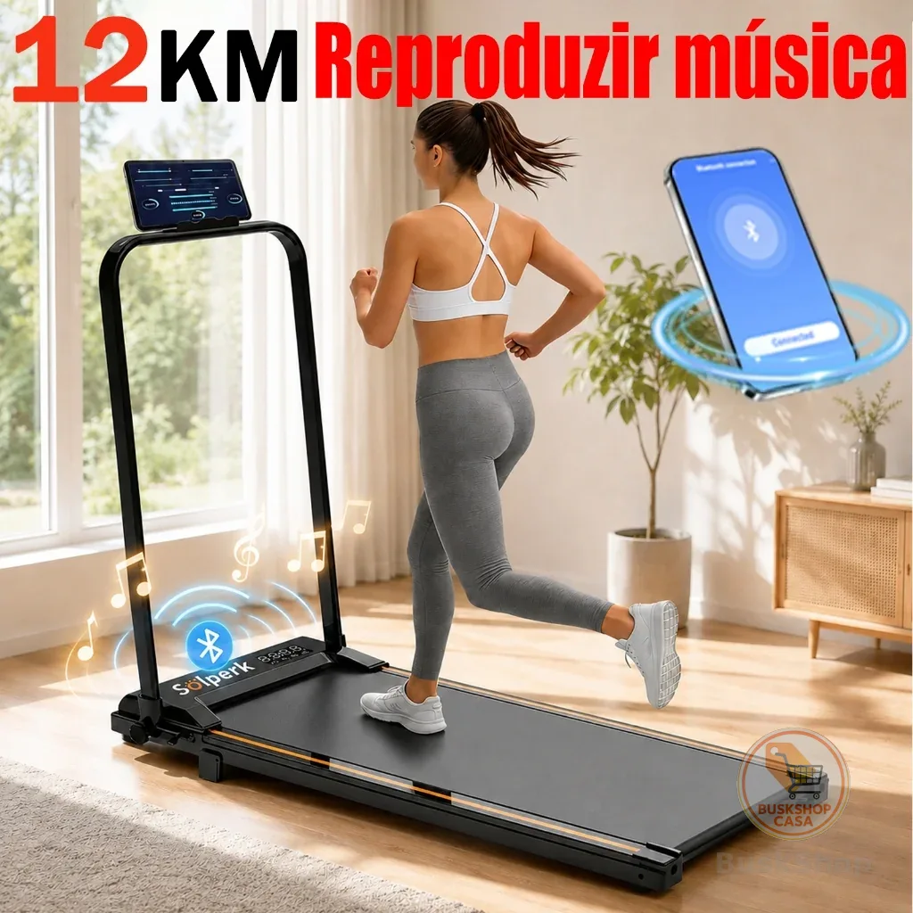 Esteira Ergométrica Elétrica 2.0HP Silenciosa Dobrável com Bluetooth 12km/h, Capacidade 120kg Uso Residencial