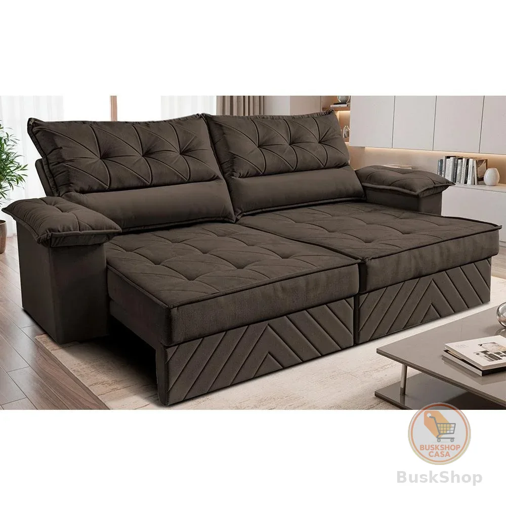 Sofá Retrátil e Reclinável 2,40m com Molas e Espuma D33 Thunder. Velusoft Cama inBox