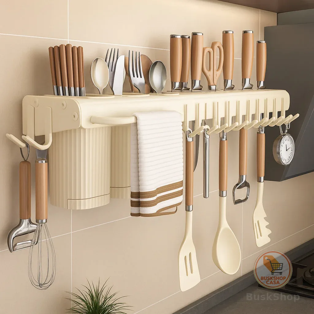 Porta Facas Prateleira Rack para Cozinha de Parede 50cm com Ganchos Toalheiro Organizador Facil de Limpar