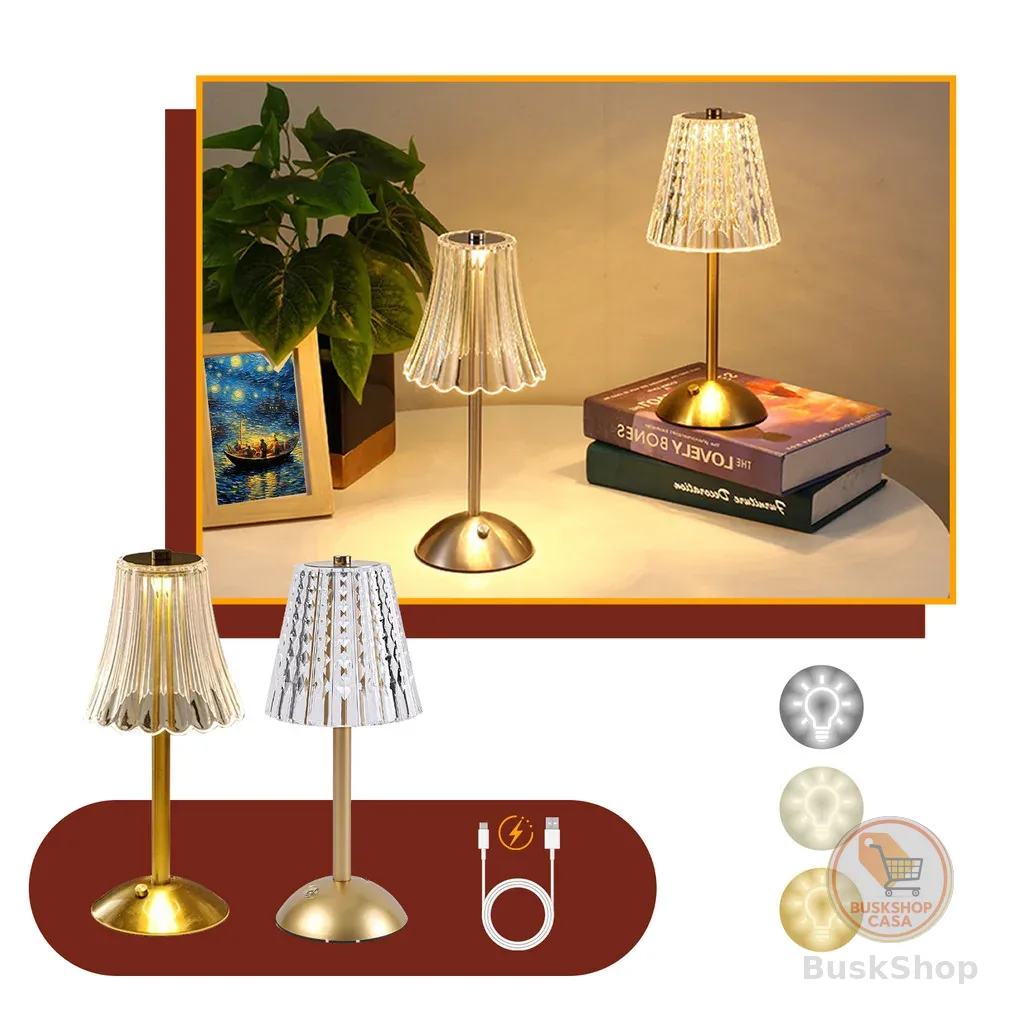 Luminária de Mesa 3 Tons Abajur Cristal Candeeiro Cabeceira LED Recarregável Decoração Sala Quarto