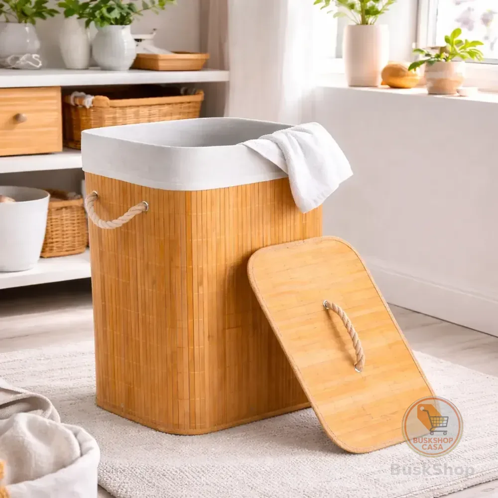 Cesto De Roupa Suja Bambu Dobrável Com Tampa Alças 72 Litros Bambu