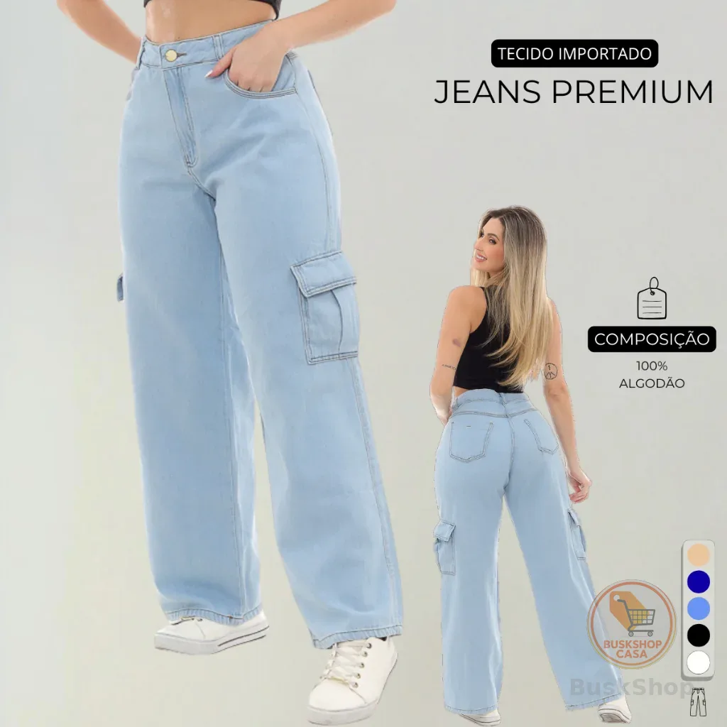 Calça Cargo Jeans Premium Feminino Com Bolsos Laterais Perna Larga + 5 Cores 10 ao 44