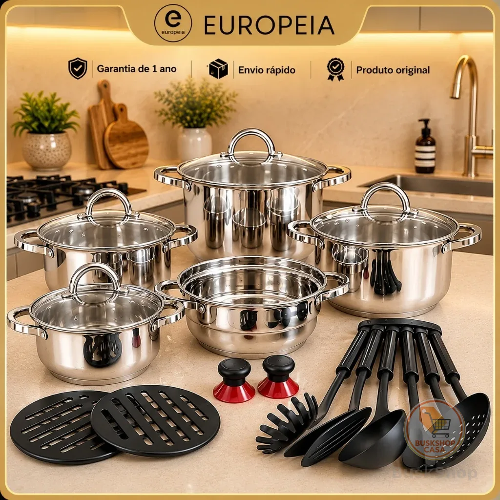Jogo de Panelas Genebra Kit 19 Peças de Aço inoxidável fundo Triplo + Acessórios