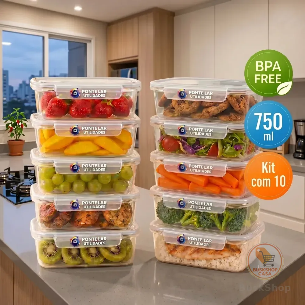 Kit 10 Potes Marmita 750ml Com Tampa Trava Transparente Bpa Água