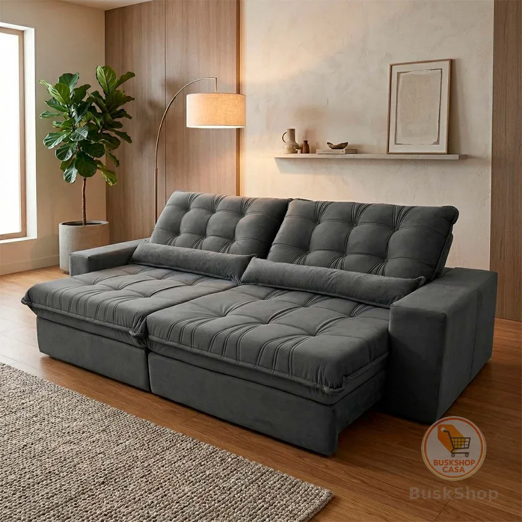 Sofá Retrátil Reclinável Zurique 2,50m Suede Velut Cinza  Molas no Assento - King House