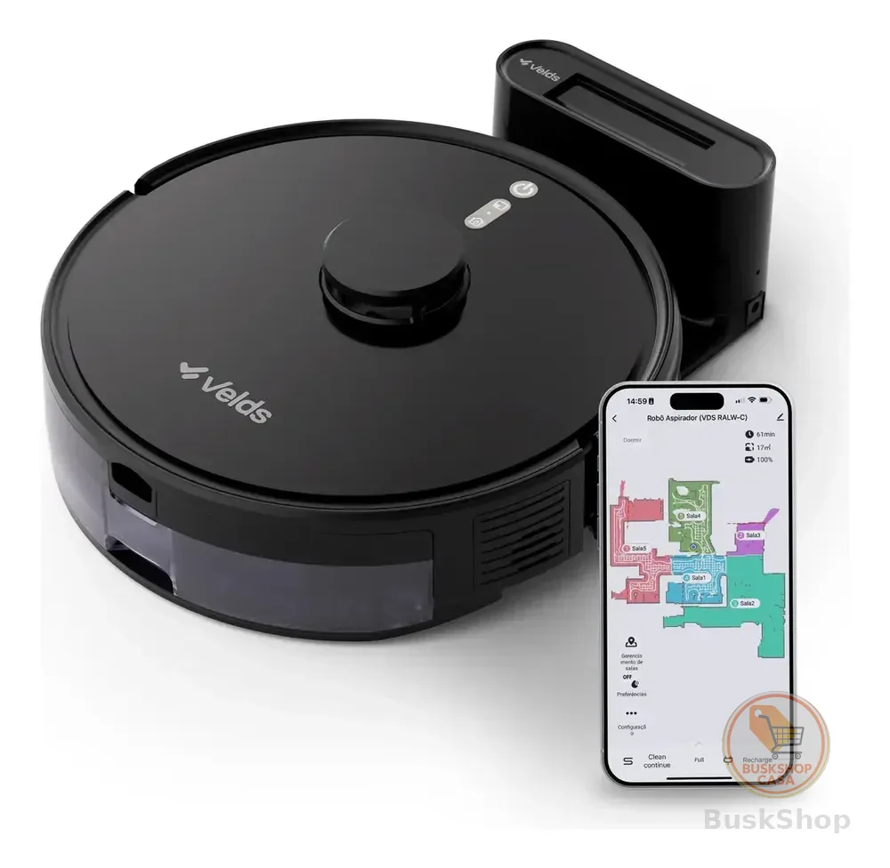 Robô Aspirador de Pó Velds 3 em 1 – Varre Aspira e Passa Pano com Mapeamento via App e Sensor Antiqueda, Preto