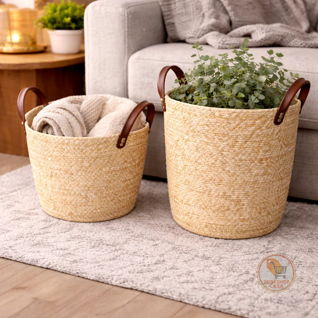Cesto Organizador Fibra Natural com Alça 33x28cm Cor Moccá Decorativo Boho Multiuso
