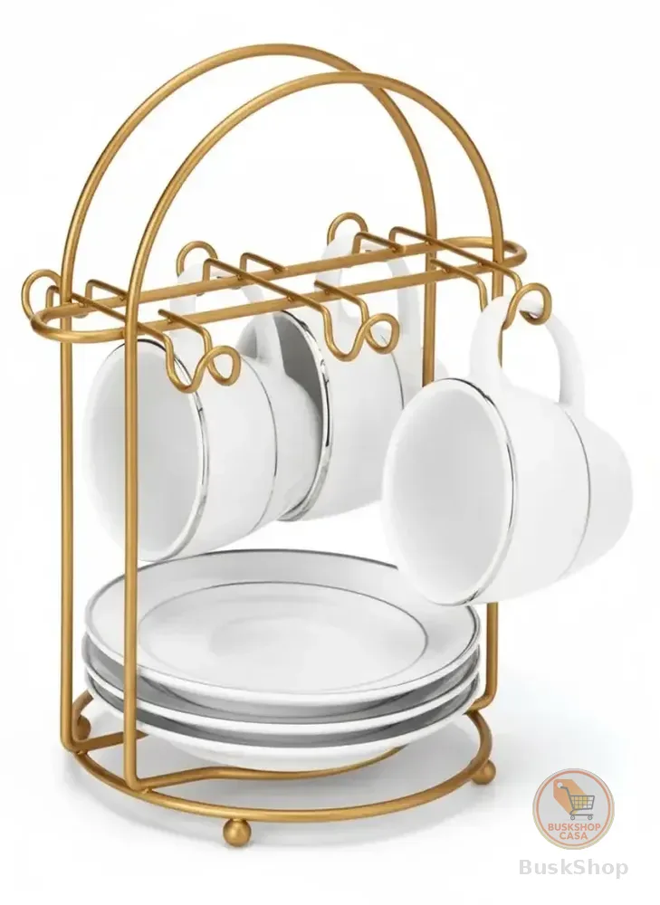 Suporte Organizador Porta Xícara De Café E Pires Cozinha Aramado Dourado Fosco Premium Cantinho do Café