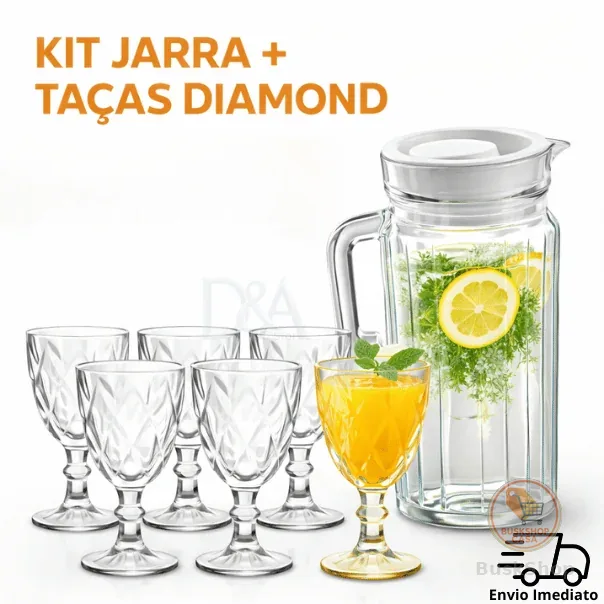 Kit Taças Diamond 320ml + Jarra | 4 ou 6 Taças Vidro Premium