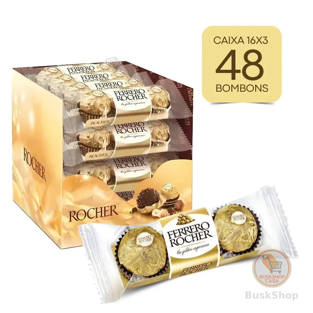 Caixa Ferrero Rocher 48 Un Chocolate Ao Leite Avelã 16 Pacotes 37,5g T3 Bombom Wafer Crocante Recheio Cremoso