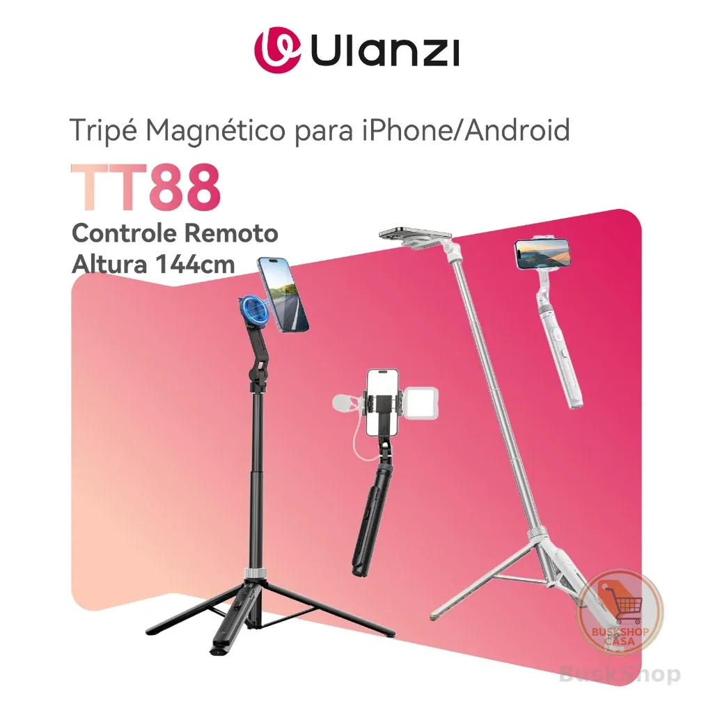 ULANZI TT88 Tripé Magnético para iPhone/Android, Bastão de Selfie 57”, Controle Remoto e Cold Shoe