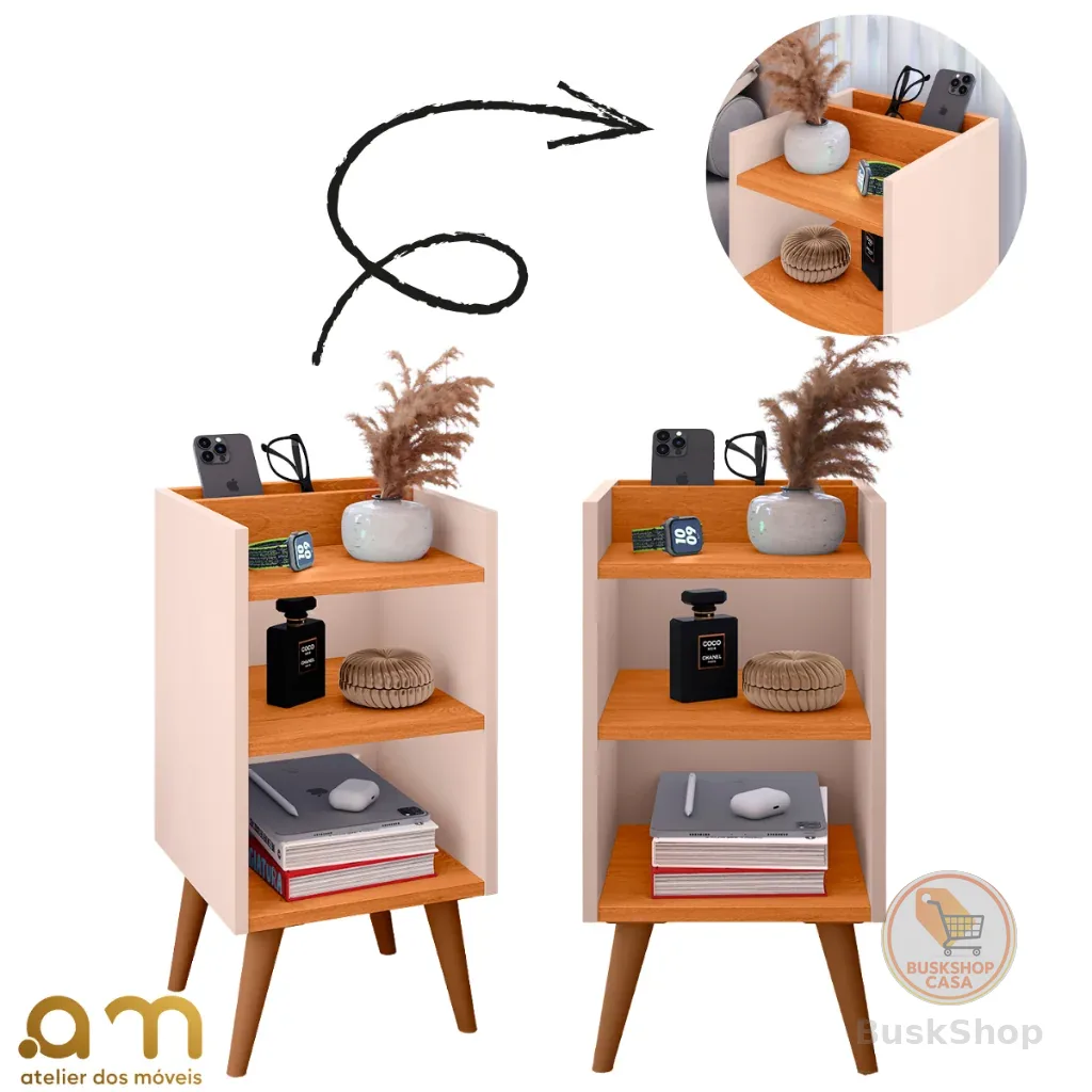 Kit com 2 Mesa de Cabeceira Nicho Organizador, pés retrô em PVC e Porta-Celular Max