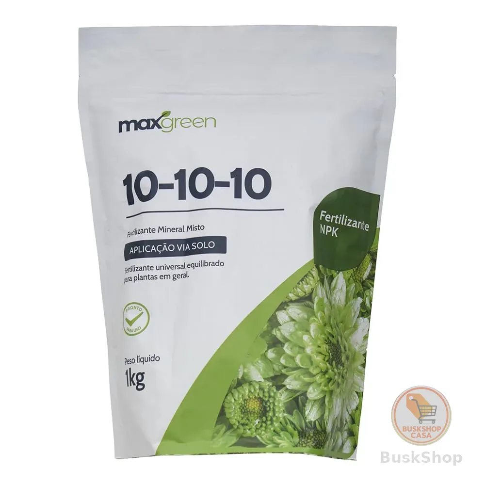 Fertilizante Maxgreen 10-10-10, Adubo Mineral, NPK Equilibrado, Uso Universal, Pacote, 1KG