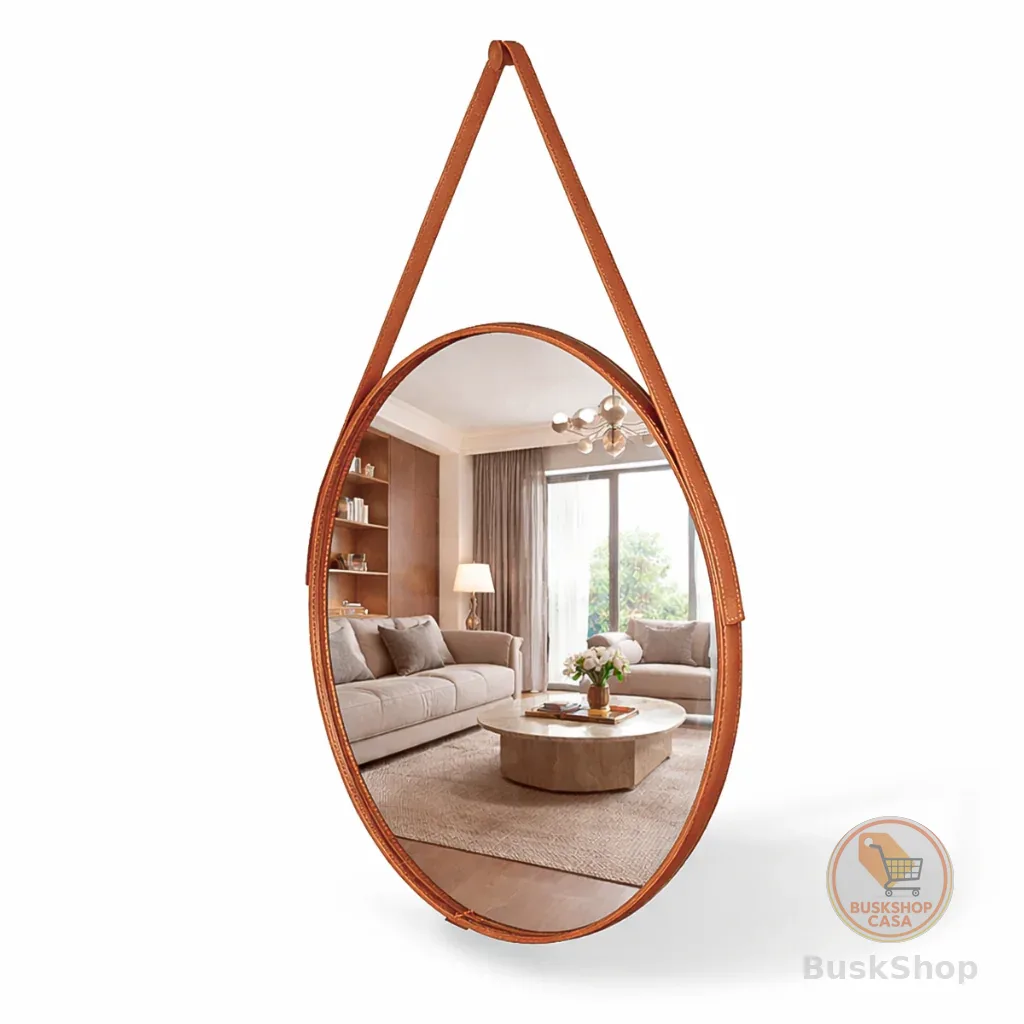 Espelho Redondo Decorativo Adnet Alça Couro Suporte 60cm Sala Quarto Banheiro