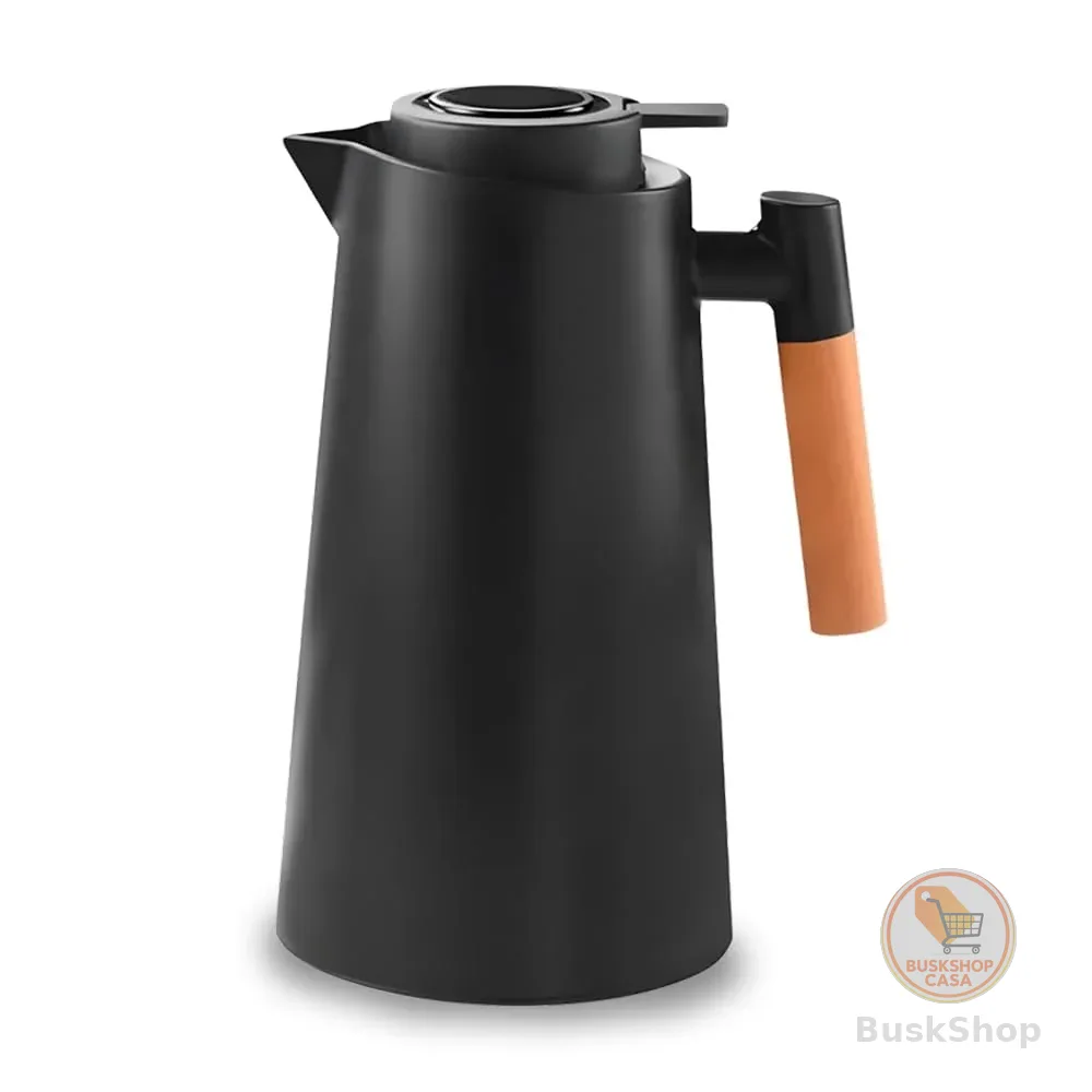 Garrafa Térmica 1L Preto Design Elegante com Cabo de Madeira