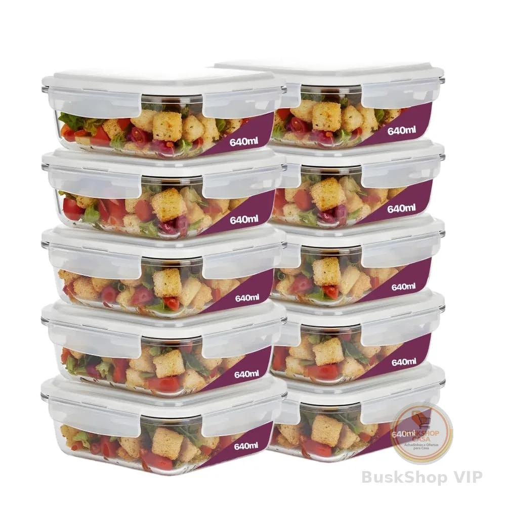 Kit 10 Potes de Vidro Borossilicato Retangular 640ml Marmita Com Tampa Hermética 4 Travas Resistente Livre de BPA Ideal para Conservação de Alimentos Freezer Micro-ondas Lava-louças Premium