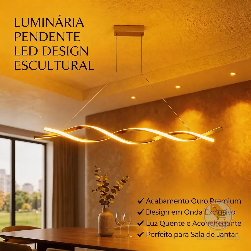 Lustre Pendente LED Ouro 64W Ondulado Moderno Sala Jantar Cozinha Luz 3000-6000K