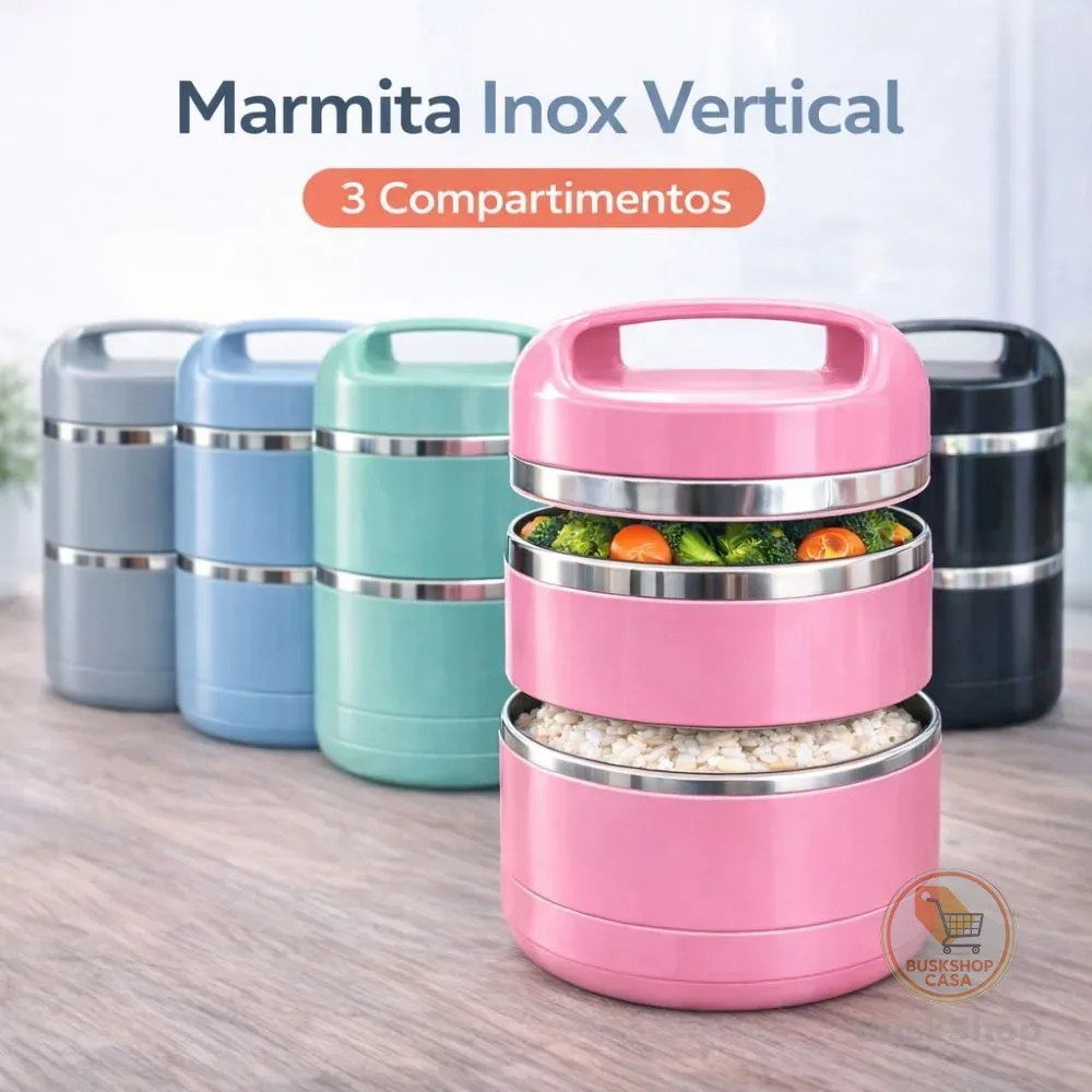 Lancheira Vertical Inox 1080ml 3 Compartimentos Linha Premium - Marmita Portátil com Tampa e Alça