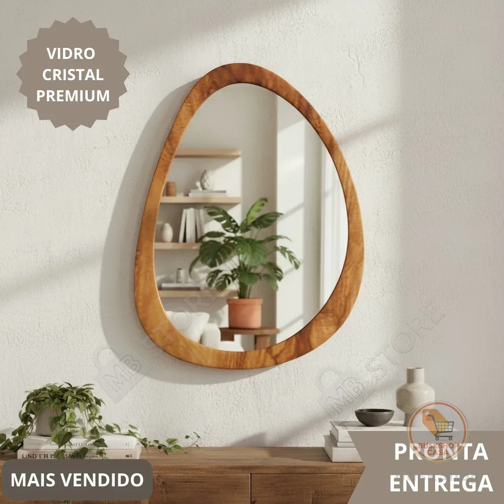 Espelho Organico Oval Grande 80X60cm Moldura em Madeira Natural Luxuoso