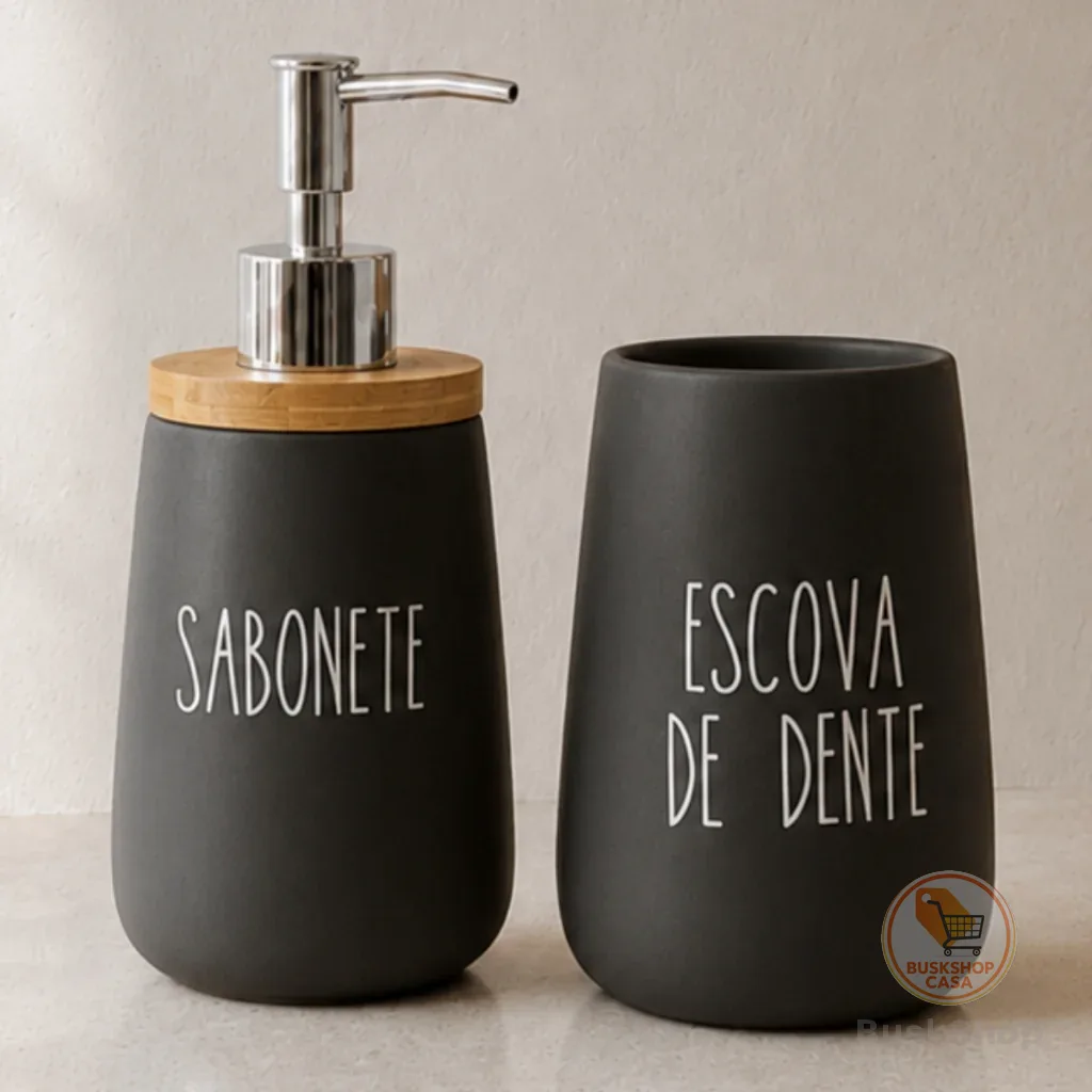 Kit Banheiro Cerâmica Preto Dispenser Sabonete e Escova de Dente Pote Banheiro Tampa de bambu 2 Pçs