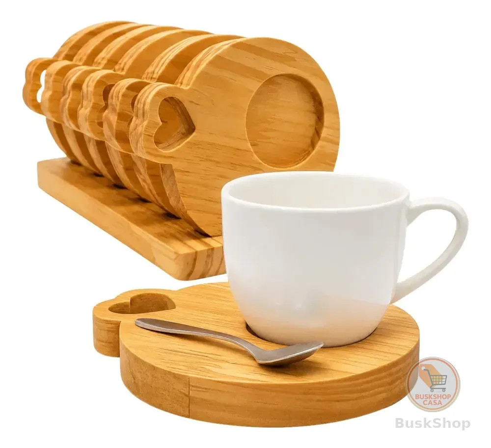 Jogo Xícaras Café Com Pires Porcelana Madeira 12 Branco Coração