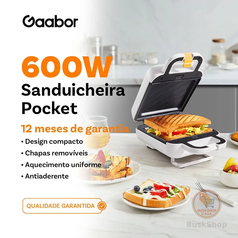 Sanduicheira Gaabor Grill Elétrico com Assadeira Antiaderente Temperatura Ajustável  Café da Manhã SM60M-WH01A