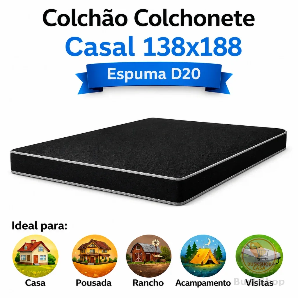 Colchão Casal Espuma D20 138x188x8cm Padrão Colchonete Macio confortável e Resistente Multiuso