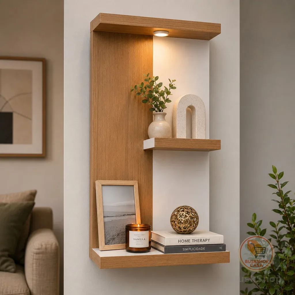 Prateleira de Parede com LED Nicho Decorativo em MDF 50x54cm para Sala Quarto Escritório