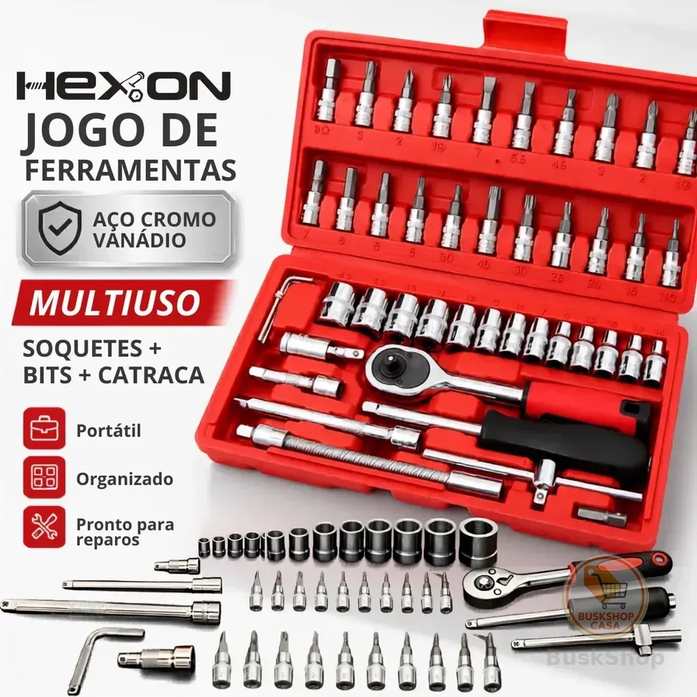 Kit Jogo Chaves Fenda Philips Catraca Soquete Allen Canhão 46 Peças Com Maleta Portátil Completa Mecânico Oficina Manutenção Casa Carro Profissional Resistente Uso Doméstico Compacto Original Hexon