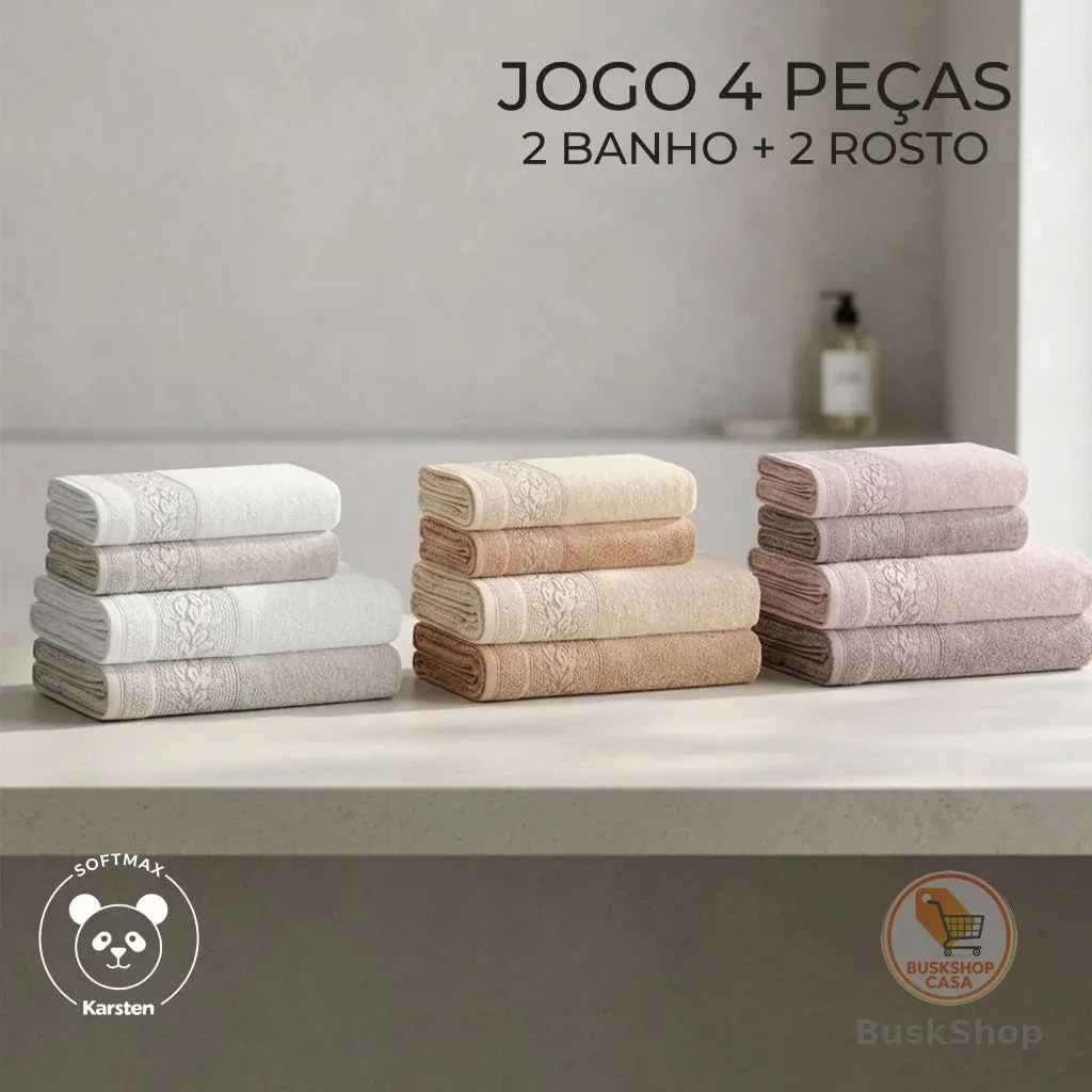 Jogo Toalha De Banho Karsten Macia E Grossa 100% Algodão Kit Banho e Rosto Barrado Floral Provence