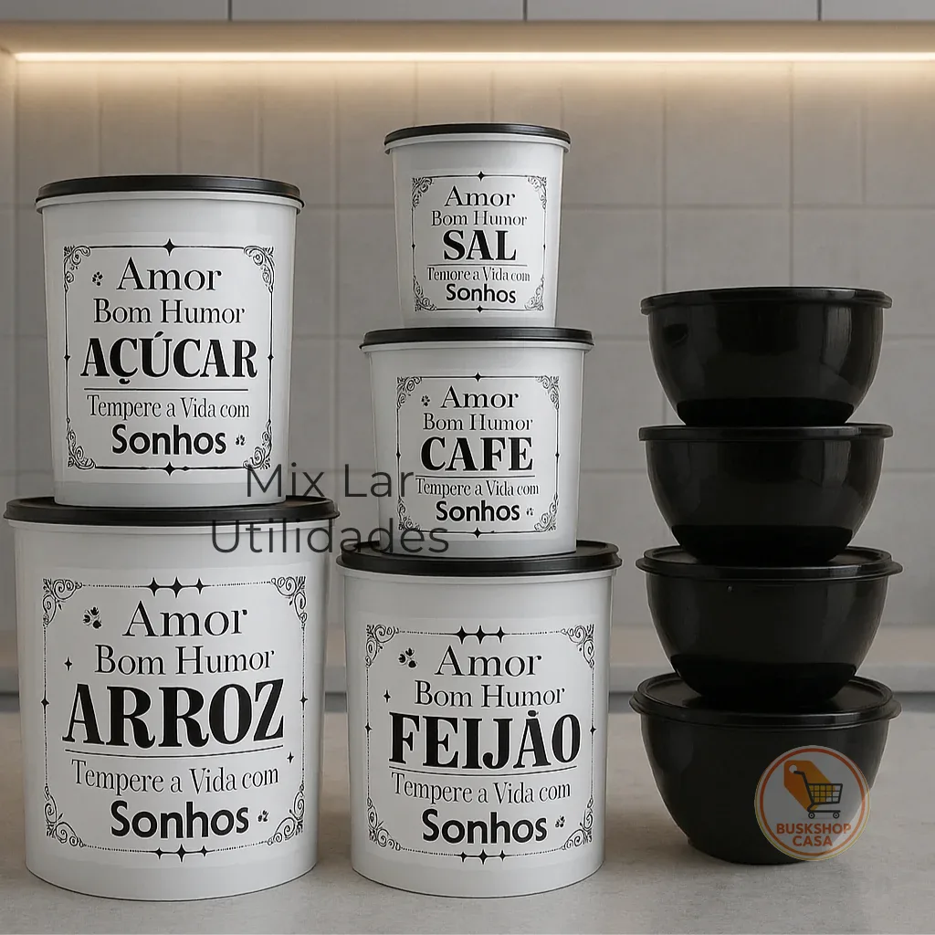 Kit potes de mantimentos cozinha com 9 peças de plástico decorado