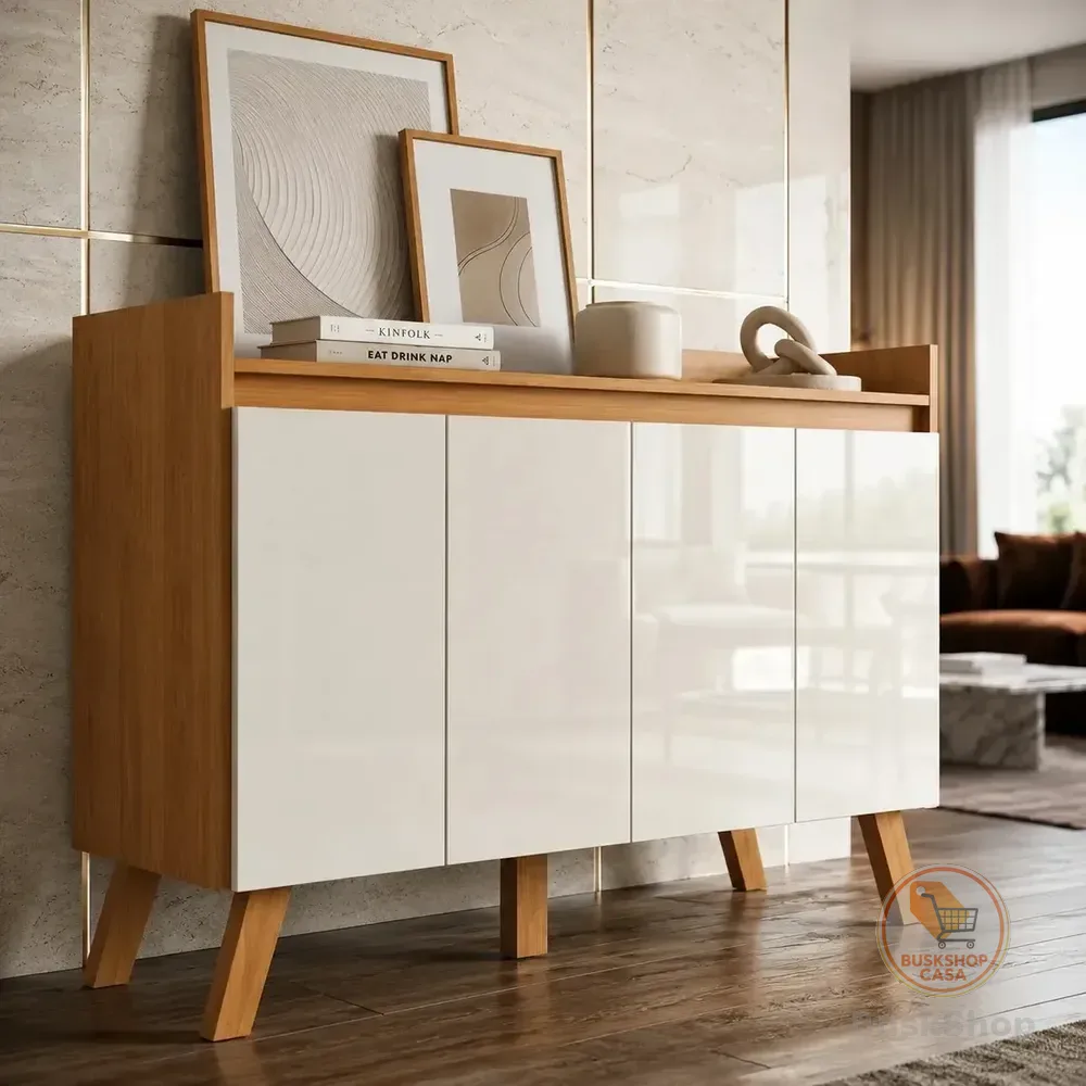 Buffet Aparador Bancada Retrô Aura Inova com 4 Portas Pés Retrô Sala de Jantar Cozinha Design Moderno Cor Cinamomo Branco