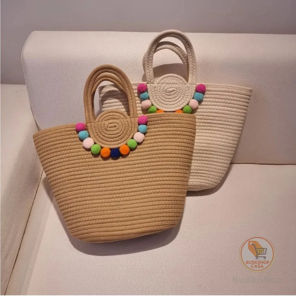 Bolsa de Praia com Bolinhas feminina Bolsa De Praia e Passeio De Alça De Mão e Fecho De Zíper Com Pompom
