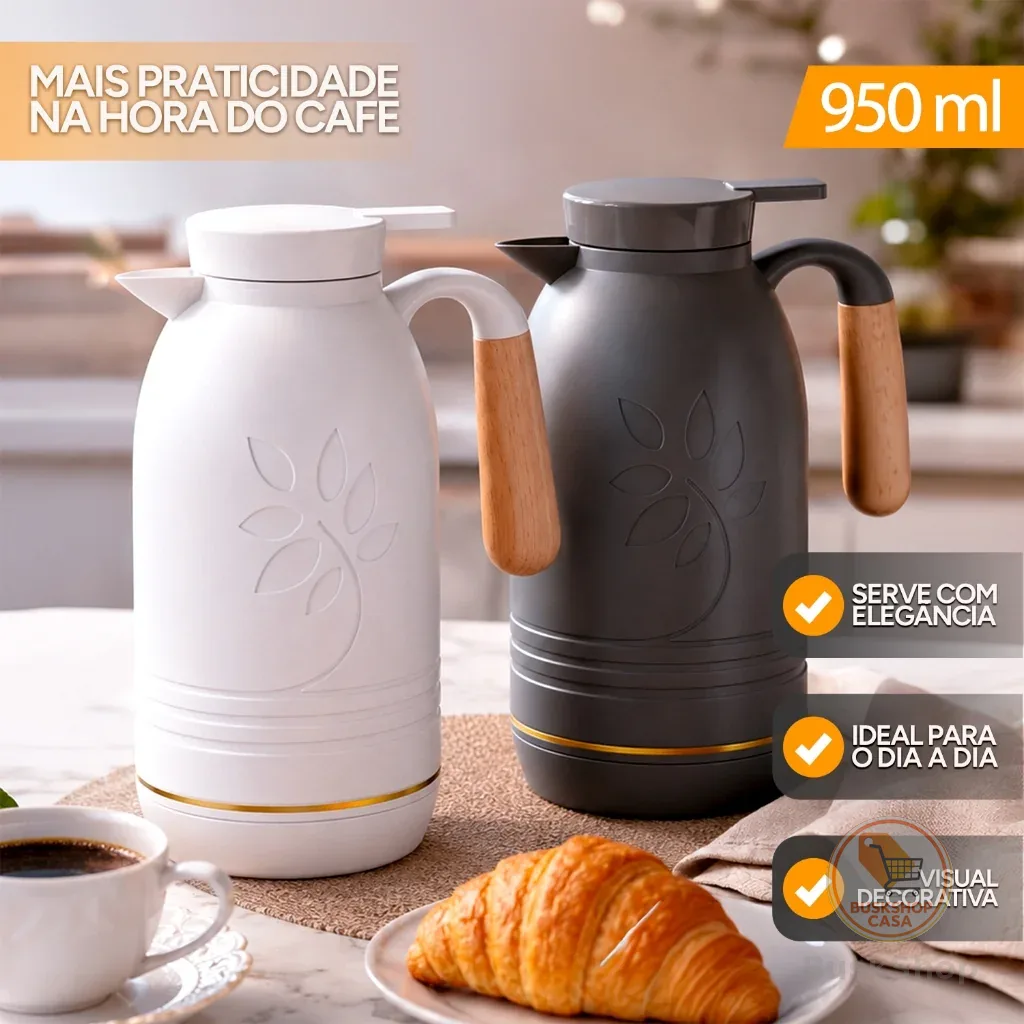Garrafa Térmica 950ml Flower Cabo Madeira Café Chá Decorativo Mesa Posta