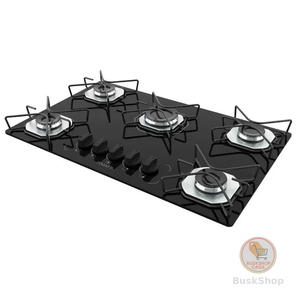 Cooktop Fogatti à Gás FGT 5 Bocas Vidro Preto Flange Inox Bivolt - Acendimento Automático