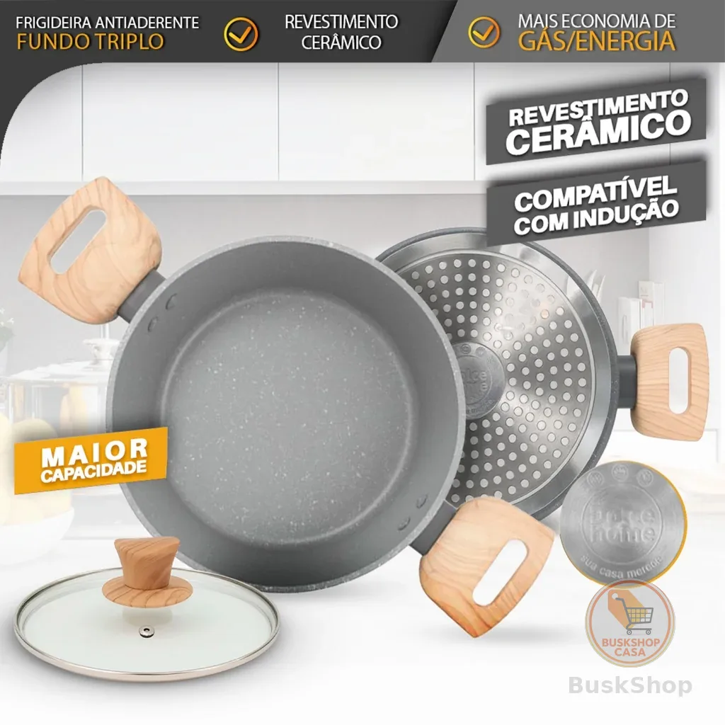 Caçarola Panela 5,9L Antiaderente Fundo Triplo com Tampa de Vidro – Cabo Efeito Madeira