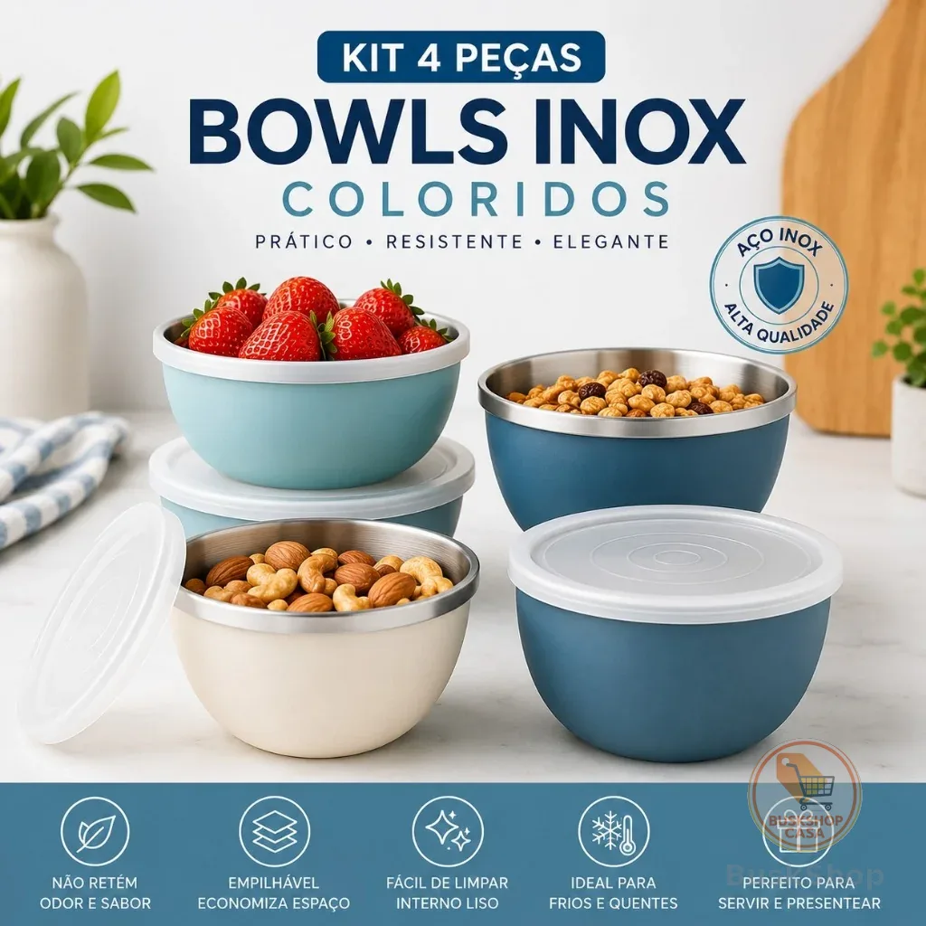 Kit 4 Bowls Aço Inox Coloridos – Tigelas Pequenas p/ Petiscos, Frutas e Cereais