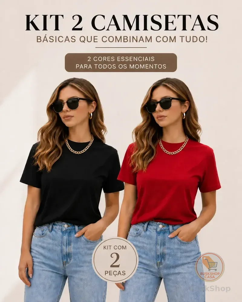 Kit 2 Blusas Feminina Camiseta T-shirt Gola Redonda Lisas Preto-vermelho Gg