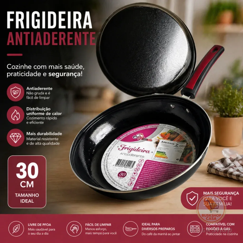 Frigideira Antiaderente 30cm Grande Reforçada | Não Gruda, Fácil Limpeza, Cozinha Prática