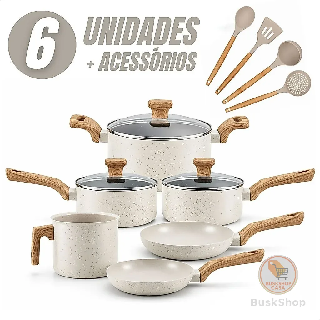Jogo de Panelas 6 Peças Antiaderentes com Tampa de Vidro Temperada com 4 Utensílios de Cozinha