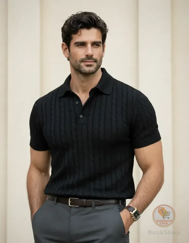 Camisa Polo Masculina Tricô Trama Trançada Preto Texturizada P Trançado