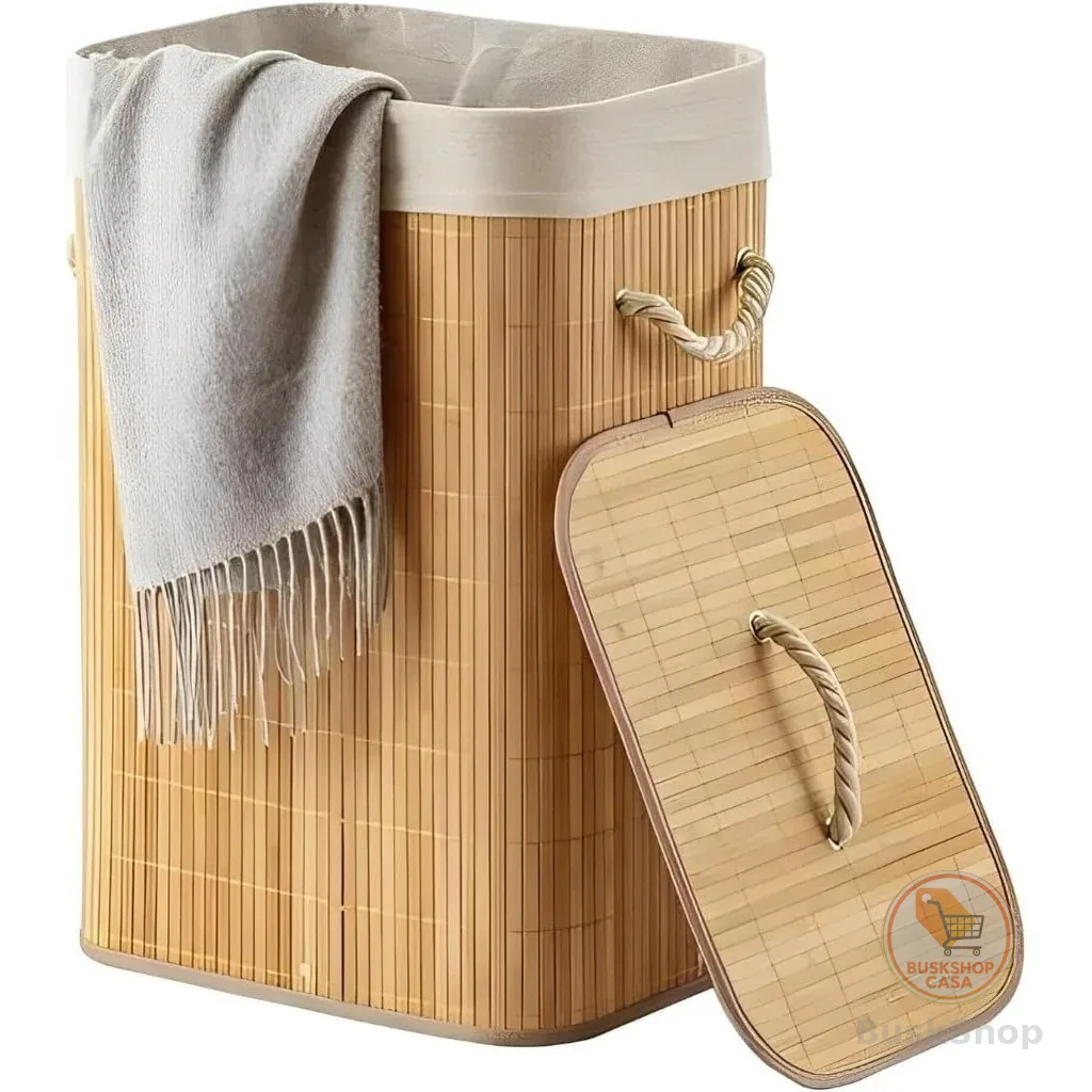 Cesto de Bambu Retangular Com Tampa Cesto Oraganizador Roupa Suja Alças Banheiro Bege