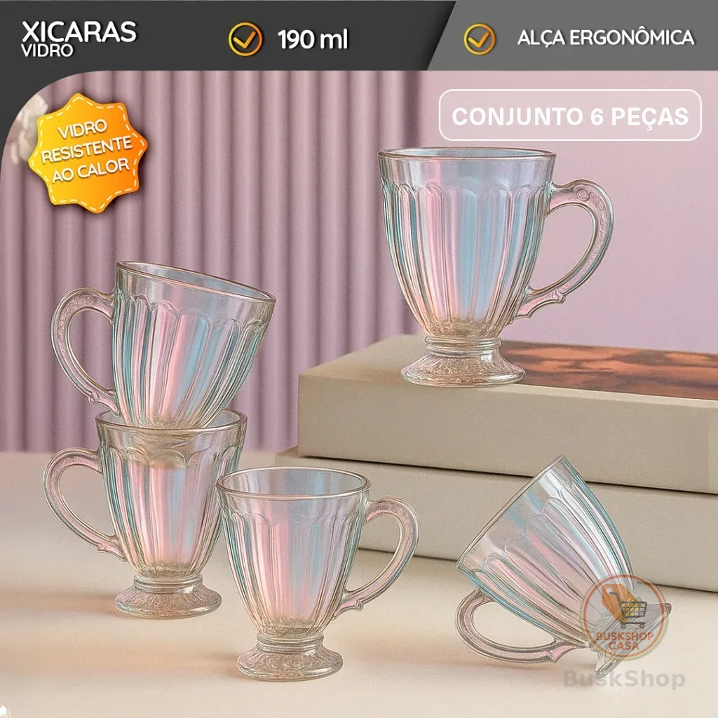 Conjunto 6 Xícaras Vidro 190ml Furta-cor Café Chá Cappuccino Brilhante Luxuoso