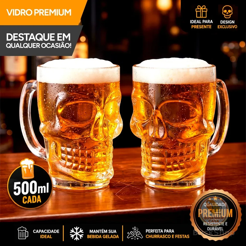 Kit 2 Canecas de Vidro Caveira Chopp 520ml Rock Bar Presente Masculino