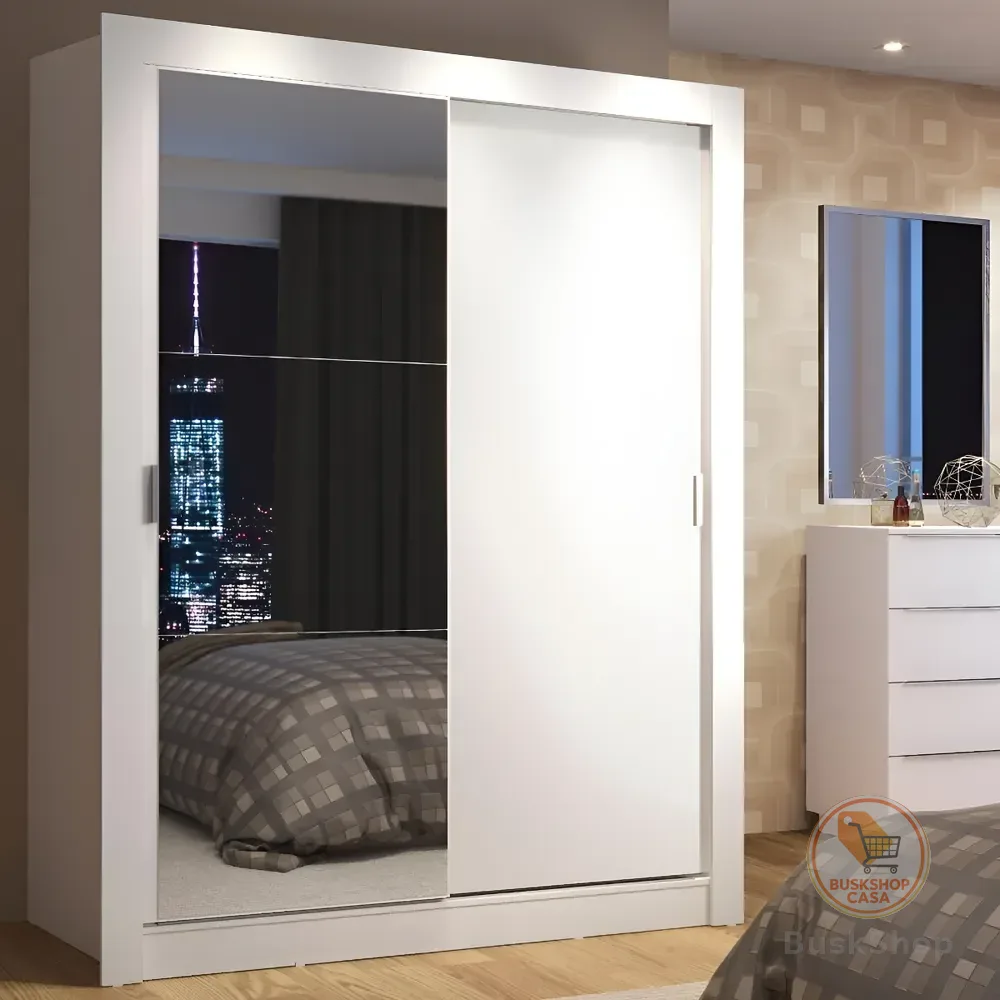 Guarda Roupa Solteiro Armário Quarto Denver Madesa 2 Pts Correr Espelho B Cor Branco 1094091E
