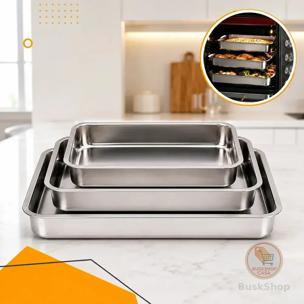 Kit 3 Assadeiras Inox Peças Retangulares Forma Para Forno Aço Inoxidável Bandeja Assar Carnes Frango Lasanha Bolos