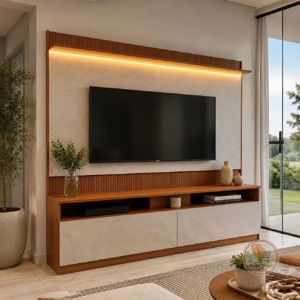 Rack com Painel para TV até 70 Polegadas Ripado LED 172CMX182CM Rio Branco Marrom Manchester Manchester/Mármore