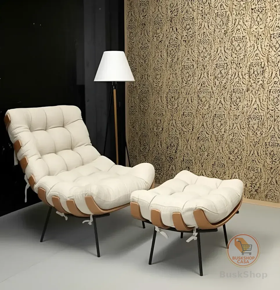 Poltrona Costela Com Puff Linho Para Sala Quarto Luxo Cor Poltrona Costela E Puff Linho Bege Claro Desenho Do Tecido Poltrona Linho