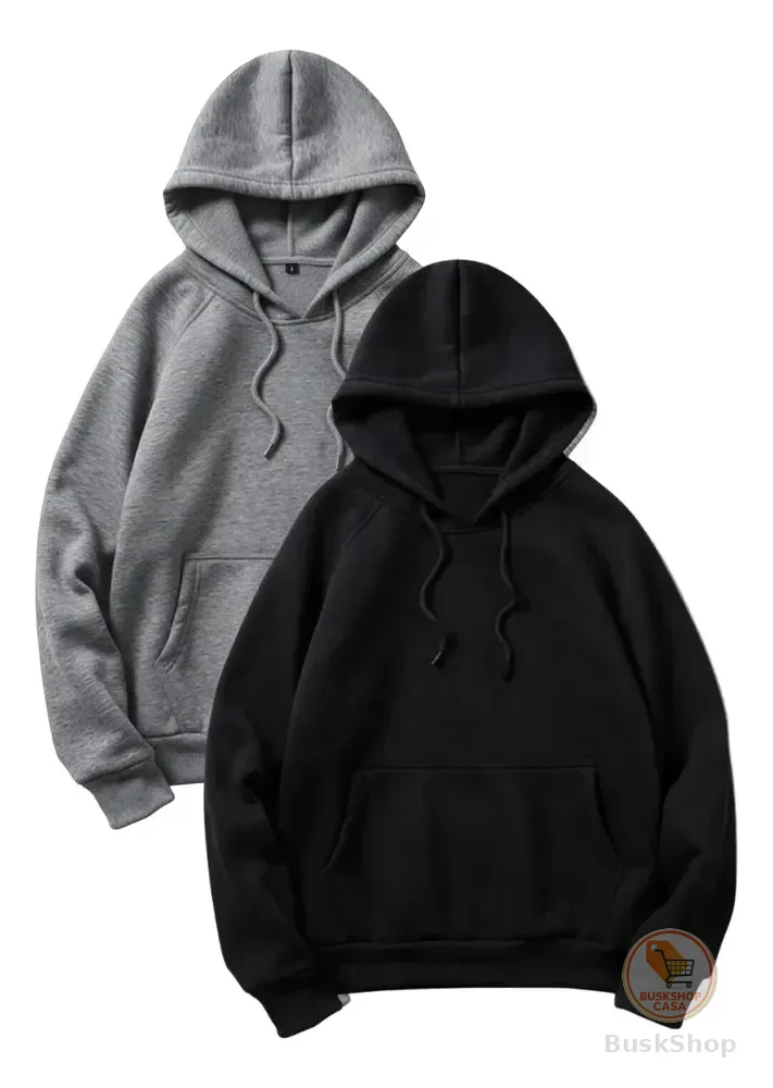 Kit 2 Moletom Liso Algodão Unissex Blusa Canguru Flanelado G Preto E Mescla Liso
